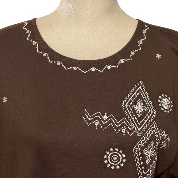 Alfred Dunner Shirt Womens Large Brown Sequin Embellished Crewneck Top Short Sle - Picture 5 of 9